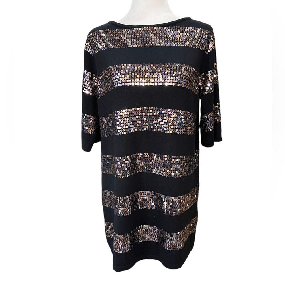 NANETTE  LePORE Multi Colored Sequin & Black Wool‎ Striped Sweater Dress Size Lg
